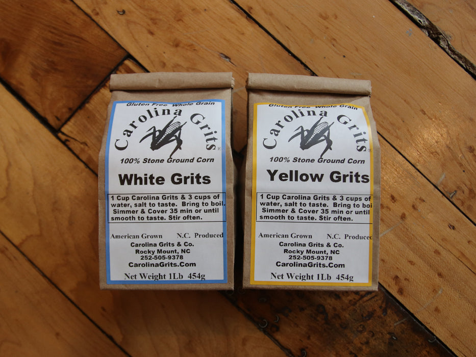 Carolina Grits Company Stone Ground White Grits and Yellow Grits.  gluten free and whole grain.  Made in Rocky Mount, North Carolina.