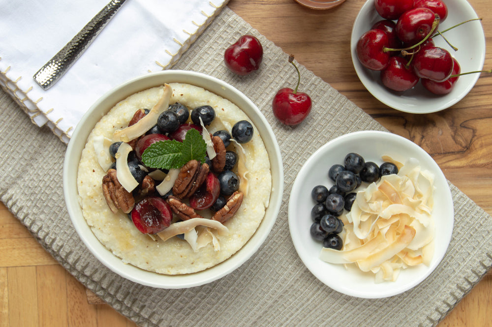 Carolina Grits Company stone ground white grits with blueberries, pecans and cherries.  A fantastic breakfast bowl.  Delicious and Nutritious.  Made in Rocky Mount, North Carolina.