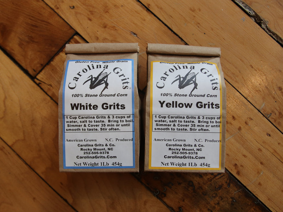 Carolina Grits Company Stone Ground White Grits and Yellow Grits.  gluten free and whole grain.  Made in Rocky Mount, North Carolina. 