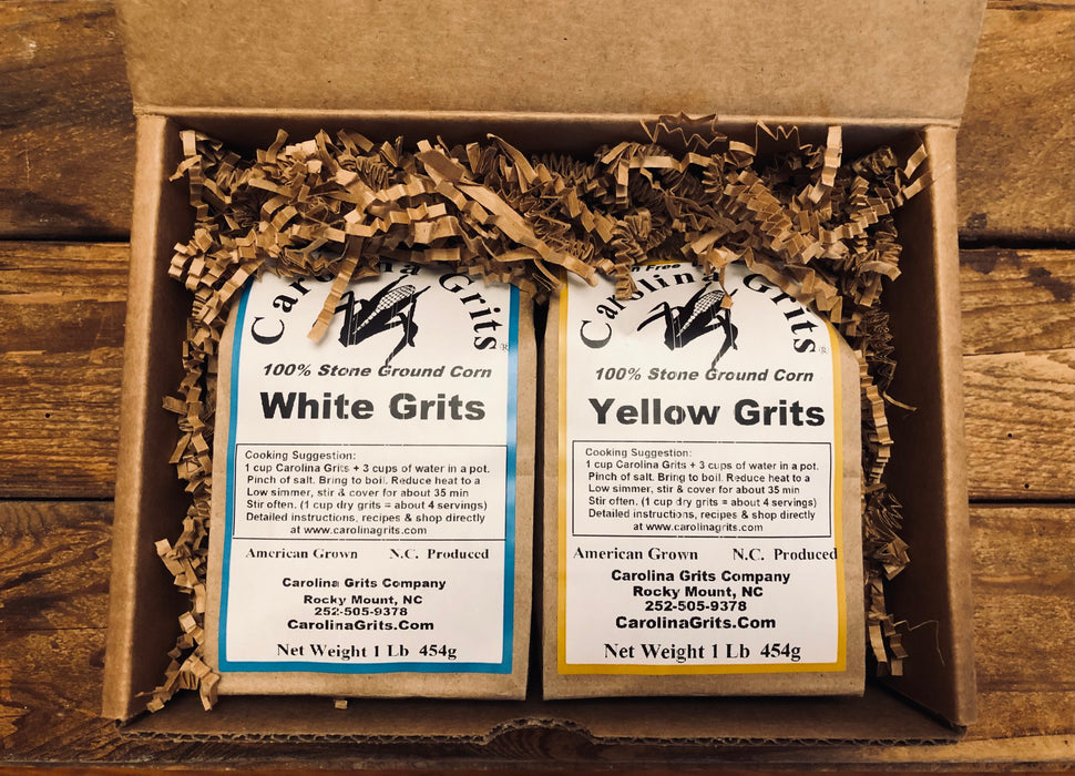 Carolina Grits Split pack in a gift box.  White and Yellow Grits